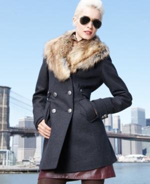 Bestey Johnson Coat  Double Breasted Wool Blend Faux Fur Collar