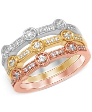 Diamond Set Of Three Tri-color Milgrain Stackable Bands (3/8 Ct. T.w.) In 14k White, Yellow And Rose Gold