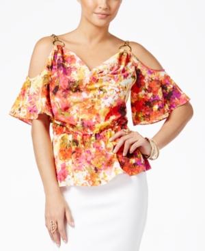 Thalia Sodi Printed Cold-shoulder Peplum Blouse, Only At Macy's