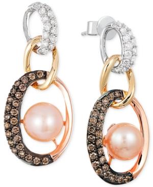 Le Vian Freshwater Pearl (7mm) And Diamond (3/4 Ct. T.w.) Link Earrings In 14k White, Yellow And Rose Gold