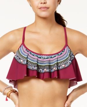 California Waves Hypnotic Optic Strappy-back Flounced Bikini Top, Available In D/dd Women's Swimsuit