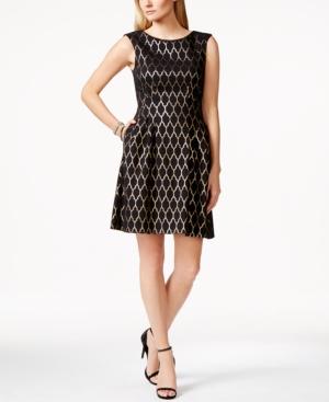 Vince Camuto Foil Lattice-print Pleated Fit & Flare Dress
