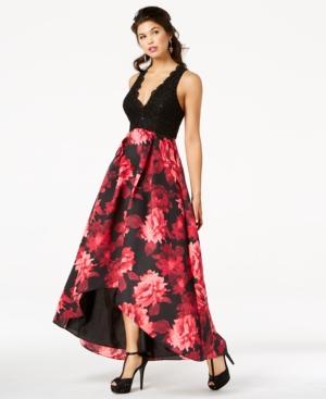 Jump Juniors' Sequined Lace & Floral-print Gown