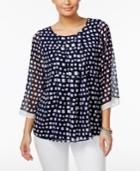 Charter Club Square-print Sheer-sleeve Top, Only At Macy's