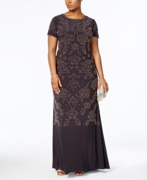 Betsy & Adam Plus Size Beaded Scoop-back Gown