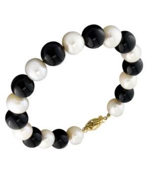 Cultured Freshwater Pearl (7-1/2-8-1/2mm) And Onyx (8mm) Bracelet In 14k Gold