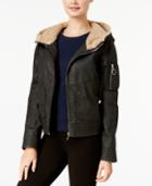 Collection B Juniors' Faux-leather Fleece-lined Bomber Jacket