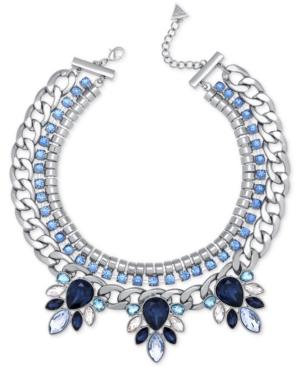 Guess Silver-tone Blue And Clear Crystal Statement Necklace