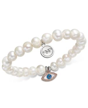 Paul & Pitu Naturally Two-tone Pave Eye & Freshwater Pearl Stretch Bracelet