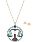 Betsey Johnson Two-tone Multi-stone Libra Zodiac Pendant Necklace & Stud Earrings