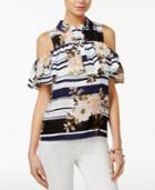 Guess Printed Flounce Cold-shoulder Shirt