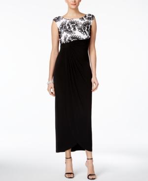 Connected Floral-mesh Cap-sleeve Gown