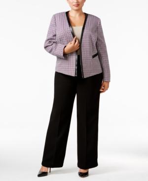 Tahari Asl Plus Size Faux-leather-trim Tweed Pantsuit