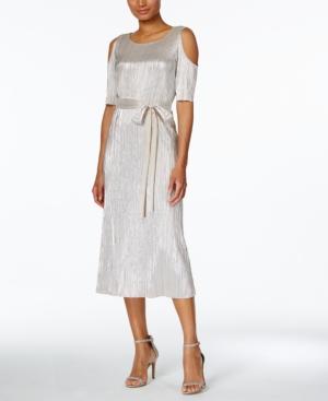 Connected Metallic Crinkled Cold-shoulder Midi Dress