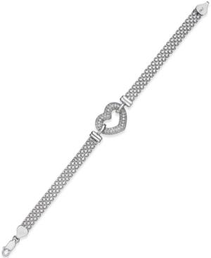Cubic Zirconia Pave Heart Mesh Bracelet In Sterling Silver
