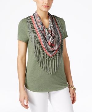 Style & Co. Petite T-shirt With Attached Printed Fringe Scarf, Only At Macy's