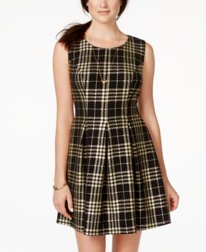 Emerald Sundae Juniors' Shine Plaid Pleated Fit-and-flare Dress