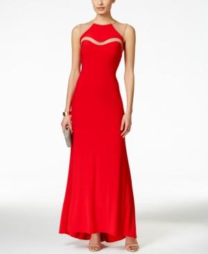 Betsy & Adam Sleeveless Illusion Cutout Halter Gown