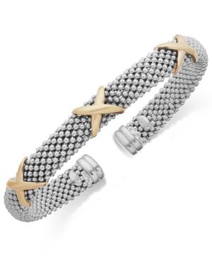 Italian Gold X-accent Textured Cuff Bracelet In 14k Gold And Sterling Silver