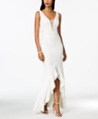 Adrianna Papell Embroidered Plunge Ruffle Gown