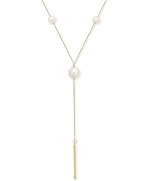 Cultured Freshwater Pearl (6 & 9mm) Polished Bar Lariat Necklace In 14k Gold