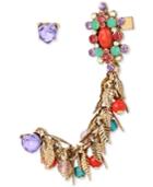 Betsey Johnson Gold-tone Heart Stud And Shaky Mixed Bead Faceted Stone Crawler Earring