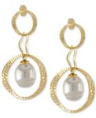 Majorica Gold-tone & Imitation Pearl Hammered Circle Double Drop Earrings