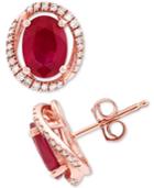 Ruby (2-1/4 Ct. T.w.) & Diamond (1/6 Ct. T.w.) Halo Stud Earrings In 14k Rose Gold