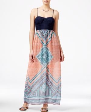 Trixxi Juniors' Crochet-bodice Printed Maxi Dress