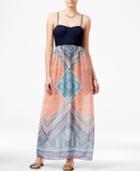 Trixxi Juniors' Crochet-bodice Printed Maxi Dress