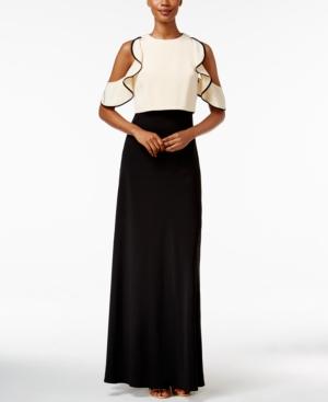 Jill Jill Stuart Colorblocked Cold-shoulder Ruffled Gown