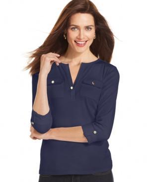 Charter Club Petite Three-quarter-sleeve Roll-tab Henley