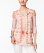 Style & Co Embroidered Cold-shoulder Top, Created For Macy's