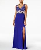 Blondie Nites Juniors' Lace-applique Front-slit Gown