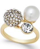 Inc International Concepts Gold-tone Crystal Pave Imitation Pearl Triple Cluster Ring, Only At Macy's