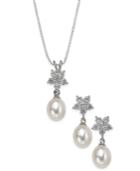 Cultured Freshwater Pearl (7 X 9mm) And Cubic Zirconia Pendant Necklace And Drop Earrings Set In Sterling Silver