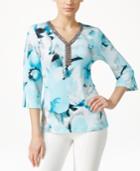 Jm Collection Petite Printed Beaded Top, Only At Macy's