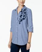 Charter Club Cotton Embroidered Gingham-checked Shirt, Created For Macy's