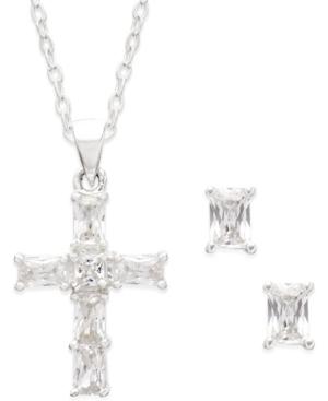 City By City Silver-tone Crystal Cross Pendant Necklace And Stud Earrings