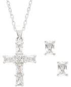 City By City Silver-tone Crystal Cross Pendant Necklace And Stud Earrings