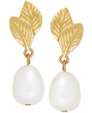 Cultured Freshwater Pearl (7mm) Leaf-inspired Drop Earrings In 14k Gold
