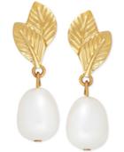 Cultured Freshwater Pearl (7mm) Leaf-inspired Drop Earrings In 14k Gold
