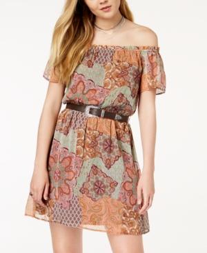 Fishbowl Juniors' Printed Belted Off-the-shoulder Dress