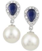 Cultured Freshwater Pearl (8mm), Sapphire (1 Ct. T.w.) And Diamond Accent Drop Earrings In 14k White Gold