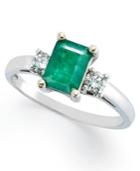 14k White Gold Ring, Emerald (3/4 Ct. T.w.) And Diamonds (1/5ct. T.w.) Emerald Cut 3 Stone Ring