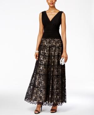 Sl Fashions Ruched V-neck Tiered Lace Gown