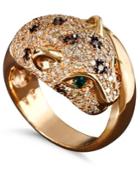 Effy Signature Diamond White And Champagne Diamond (1-1/3 Ct. T.w.) And Emerald Accent Panther Ring In 14k Rose Gold