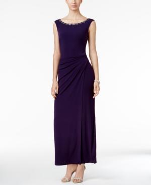 Connected Embellished Ruched Faux-wrap Gown