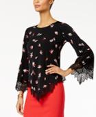 Alfani Printed Lace-trimmed Pointed-hem Top, Created For Macy's