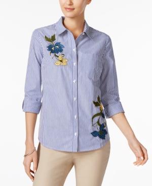 Charter Club Embroidered & Striped Cotton Shirt, Only At Macy's